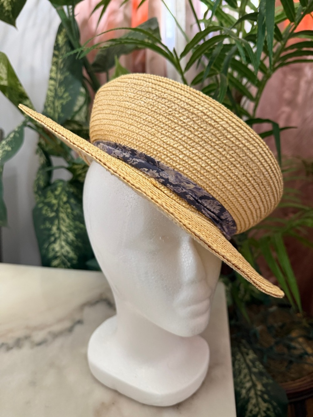 April Cornell Vintage Natural Straw Boater Hat with Blue Floral Bow - Picture 6 of 13